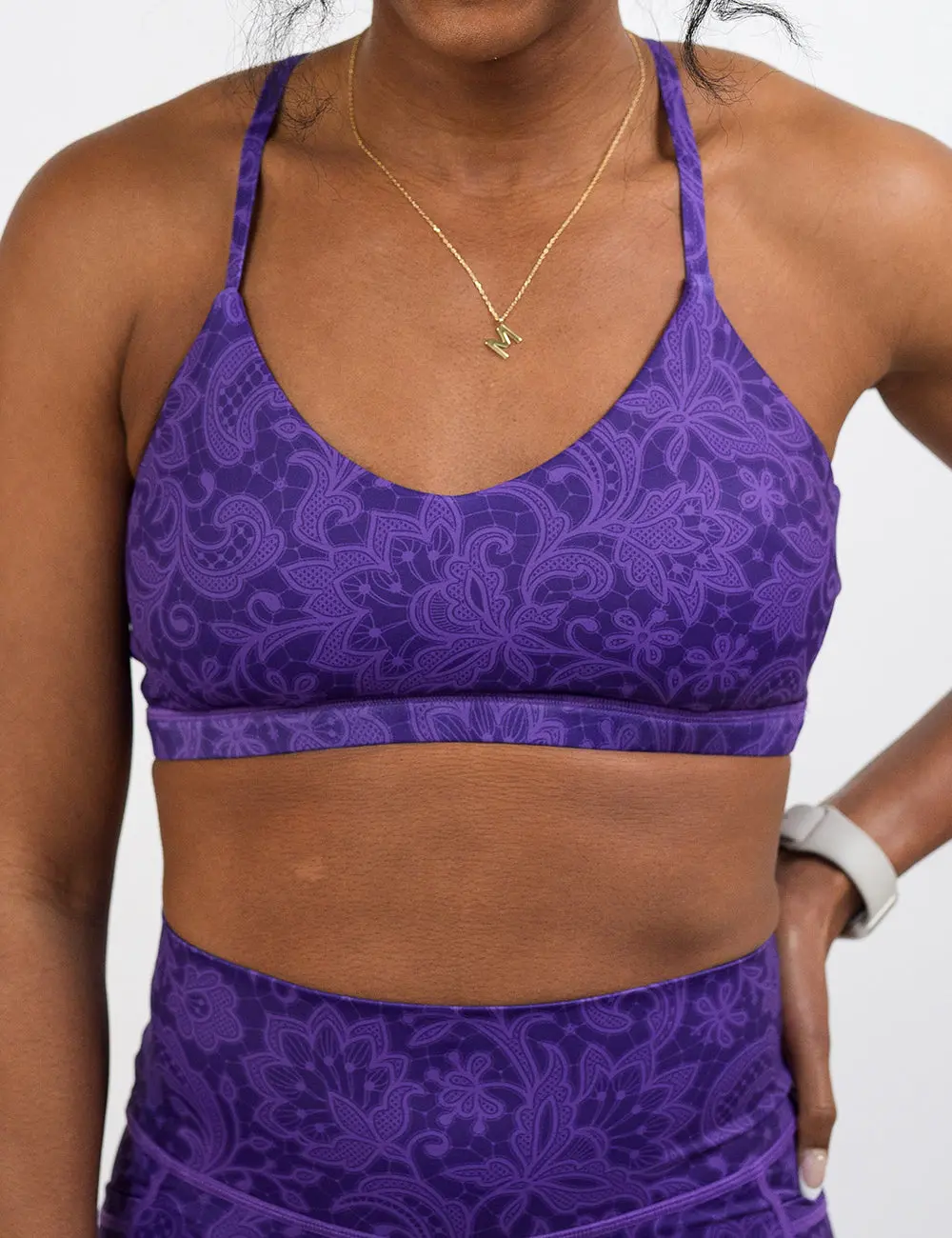 Women's Y-Strap Sports Bra in Purple Floral Lace Print, Low Impact Workout Top with Soft Compression - Plus Size, Plus Size Clothes, Sports Bras, Active Wear, Workout Bra, Compression Knit