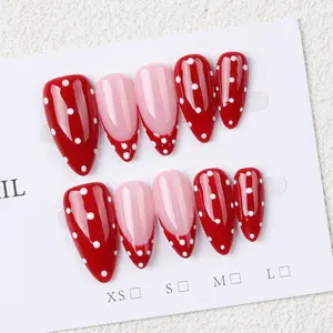 Set of 10 Handmade Almond French Manicure with Polka Dots, Fashionable and Elegant, Perfect for Parties and Daily Wear