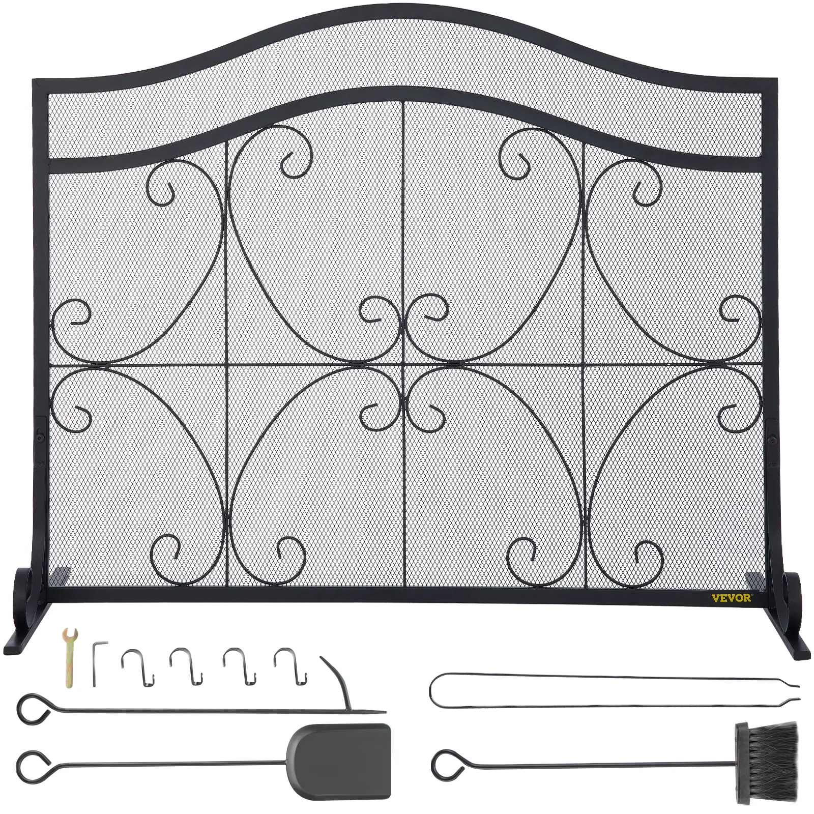 【Summerfinds】VEVOR Fireplace Screen 38 x 26.5 Inch,Heavy Duty Iron Freestanding Spark Guard with SupportMetal Mesh CraftBroom Tong Shovel Poker Included for Fireplace Decoration & ProtectionBlack