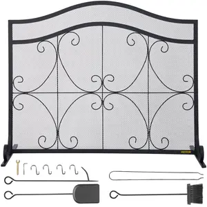 VEVOR Fireplace Screen,  38 x 26.5 Inch,Heavy Duty Iron Freestanding Spark Guard with Support, Metal Mesh Craft, Broom Tong Shovel Poker Included for Fireplace Decoration & Protection, Black