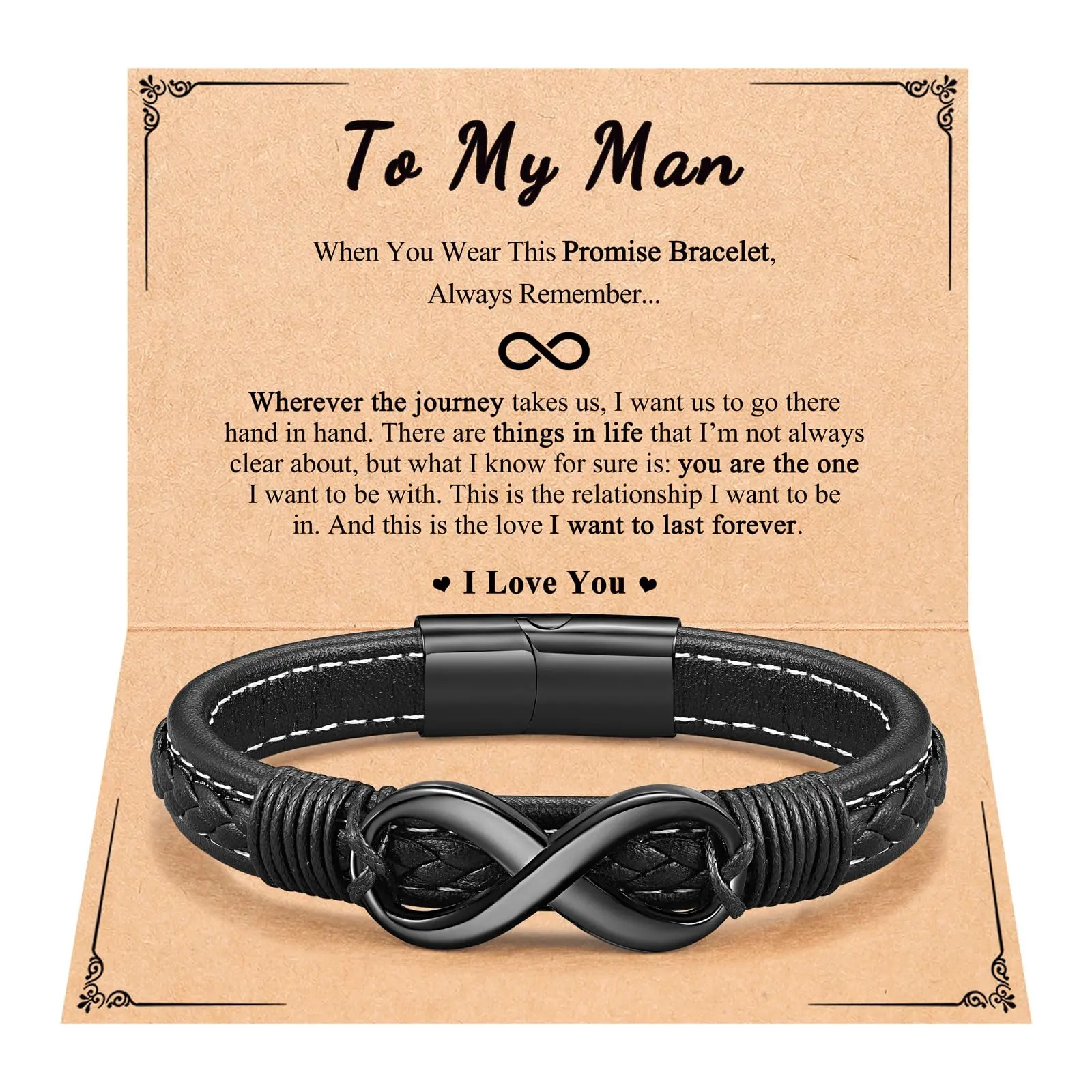 Men's Genuine Leather Braided Bracelet with 8.5 Inches Length, Stainless Steel Infinity Clasp & Lobster Claw, Romantic "To My Man" Adult Male Jewelry, Birthday Gift for Him