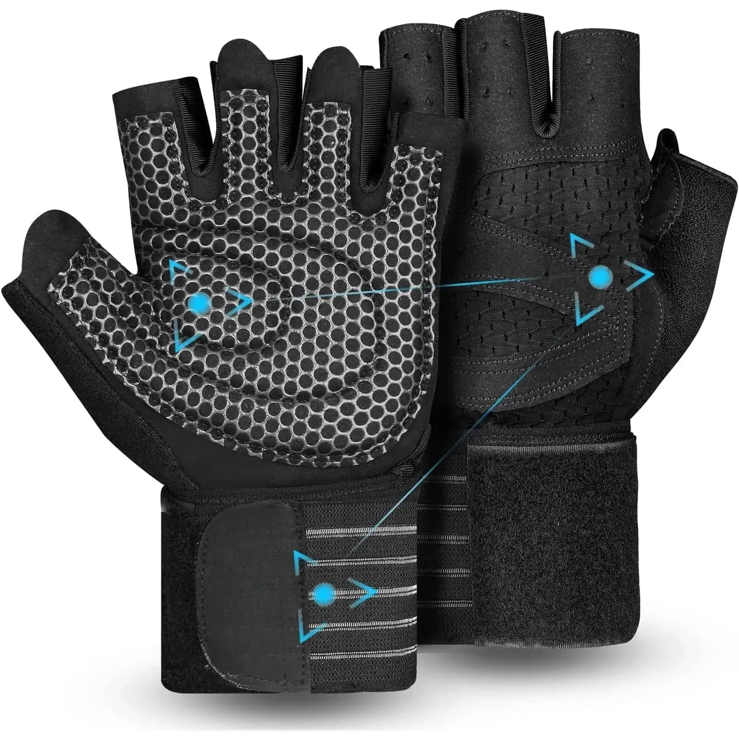 Ventilated Weight Lifting Gym Workout Gloves with Wrist Wrap Support for Men & Women, Full Palm Protection, for Weightlifting, , Fitness, Hanging, Pull ups