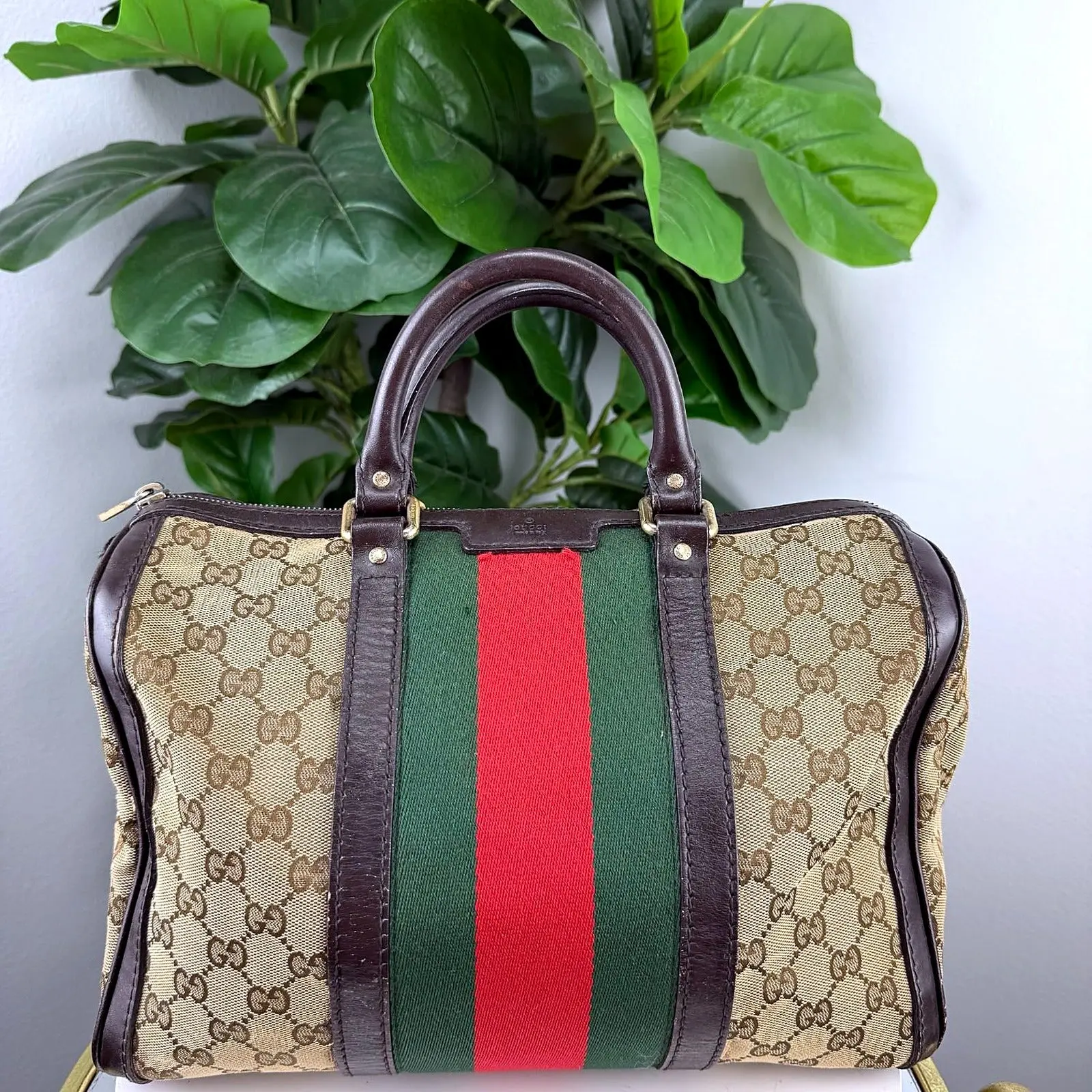 Pre-owned GG monogram canvas Luggage Authentic Vintage Gucci Web Stripe Boston Bag