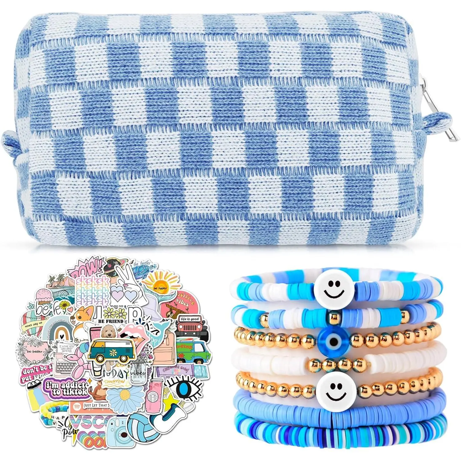 58 count Checkered Makeup Bag Set Preppy Aesthetic Cosmetic Bag Travel Makeup Pouch Toiletry Bag 7 Heishi Surfer Bracelets with 50 Cute Preppy Stickers for Women Girls Teens Gift