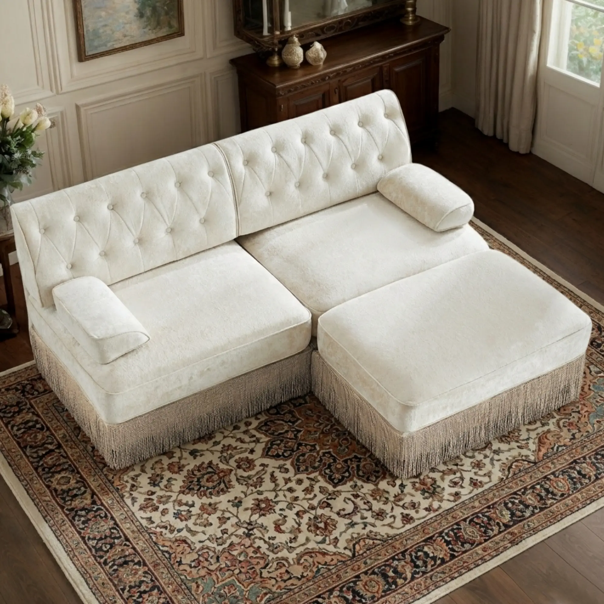 Eyisean 76.6" Classic L-U Shape Sturdy Velvet Upholstered Modular Chesterfield Sectional Loveseat Sofa with Ottoman, Adjustable Armrests, Durable Foam, Button Tufting, Tassel Fringe Skirt, 2-Seater for Living Room (Assembly Required)