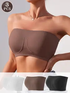 3-Pack Esselegan Minimalist Strapless Bras for Women, Non-Slip High Elasticity Breathable Lingerie, Seamless No-Wire Full Coverage