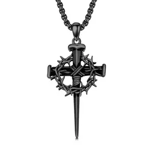 Lira Label Three Nail Cross Necklace Crown Of Thorn Cross Pendant Three Nail Cross Christian Jewelry Gift For Men Women