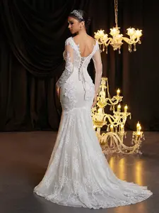 Backless Laced See-Through Cupped Fishbone Ruffled Mesh Fishtail Long Tail Wedding Dress, White Long Sleeve Bridal Dress Long Sleeve Wedding Dressbridal Dressbride Dress Whitewedding Dress Bride White