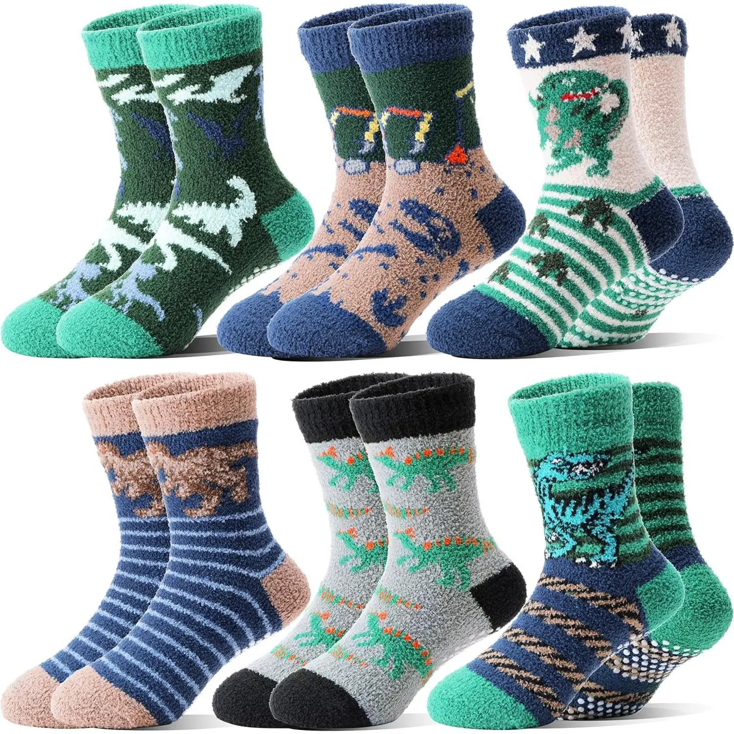 F-SOK09 Boys' Stretchy Soft Fabric Slipper Socks - 6 Pairs, Anti-Slip Grip, Fuzzy Fluffy Thick Warm Winter Socks for Toddlers, Ideal for Birthdays, Hospital Use, Stretchy Fabric, Fun Prints, 1-3 Y, 4-7 Y