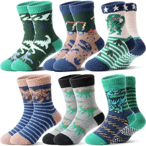 L-SOK004  Kids Boys Toddlers Fuzzy Slipper Socks with Grips Non Slip Warm Fluffy Winter Thick Fun Cozy Hospital Socks 6 Pairs