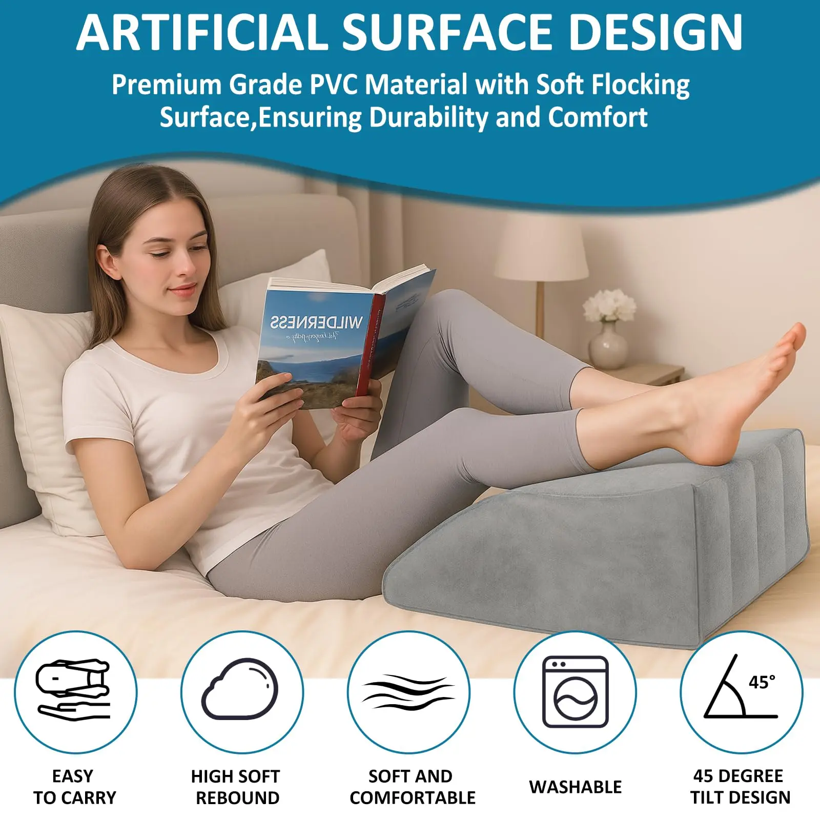 Inflatable S-Shape Leg Pillow with Flocking Surface, Comfortable Support to Elevate Legs & Relieve Fatigue