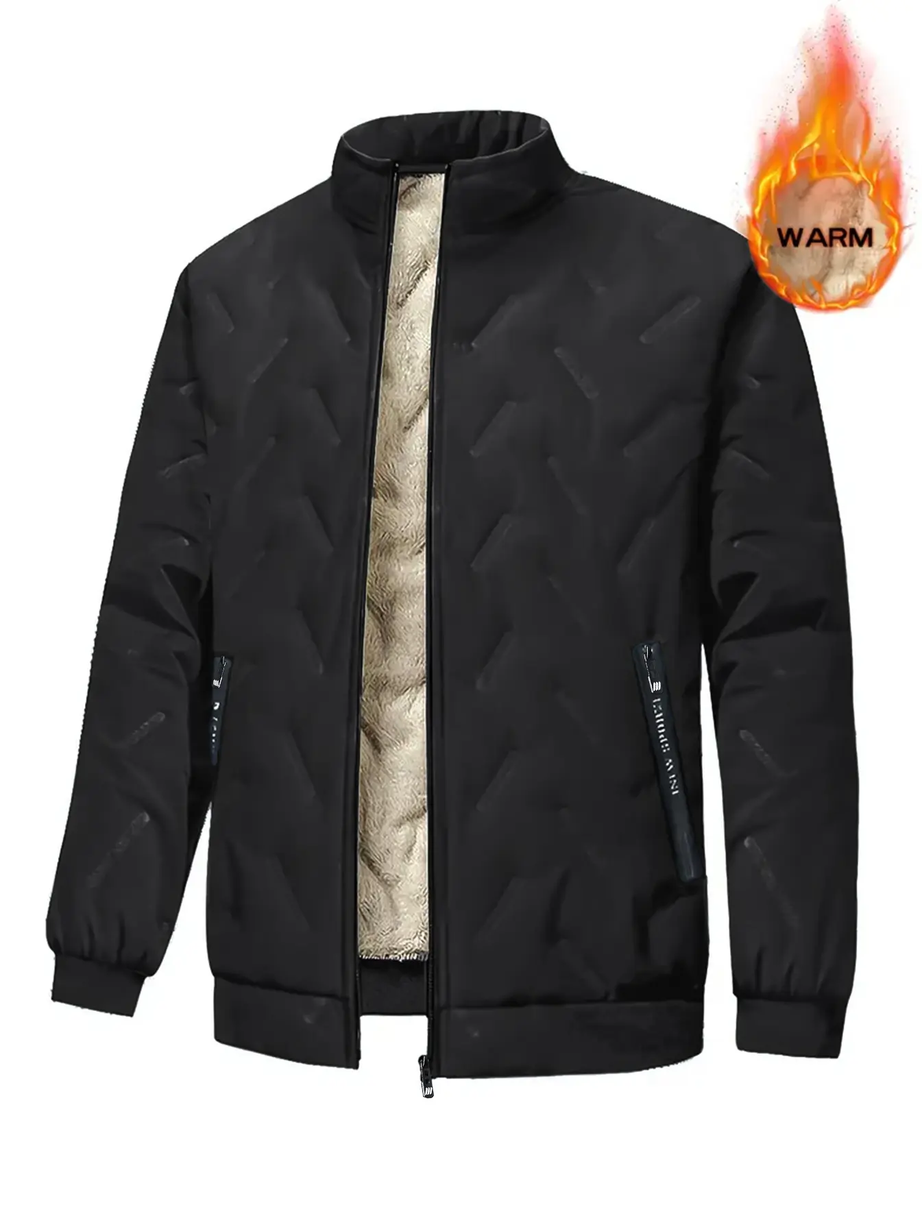 Men's Thick Winter Quilted Jacket - Loose Fit, Fleece Lined, Layered Style, Seam Panels, Windproof Stand Collar, Ribbed Fabric, Zipper Closure, Pockets, Straight Hem, Suitable for Sports & Casual Wear, No