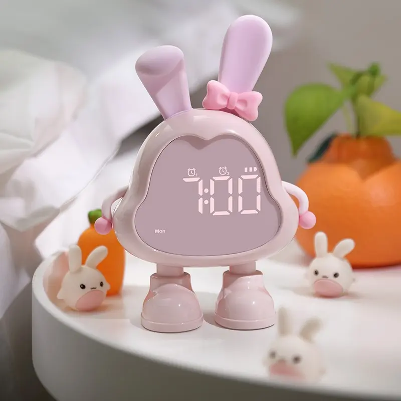 Banni Bunny Wake Up Multifunctional Battery Operated Alarm Clock, Dual Alarms, 6 Ringtones, 5-level Volume, Snooze Mode, Countdown Timer, Timed Night Light, Perfect Gift for Teens Students Girls