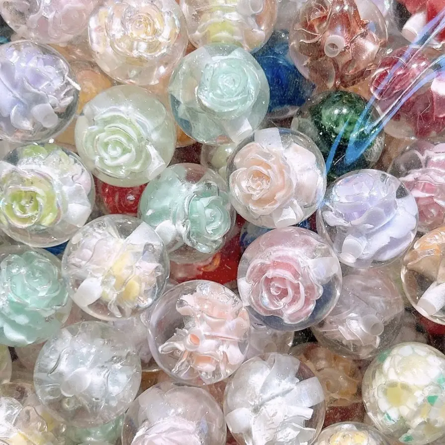 20/50pcs Round Built-in Rose Flower Beads 16mm, Fit for DIY Valentine's Day Bracelet Necklace Keychain Beadable Pens Phone Chain
