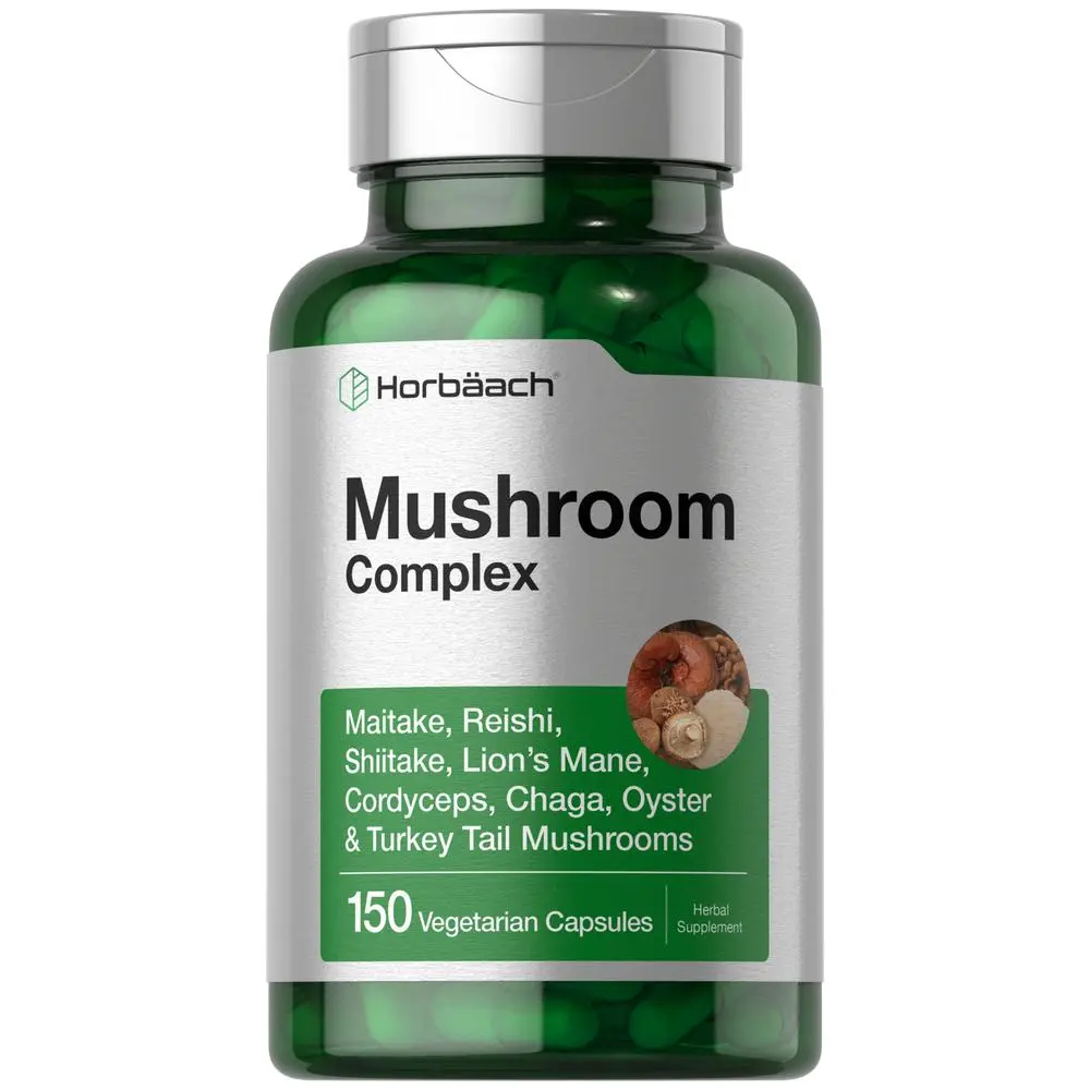 Horbäach Mushroom Complex Capsules | 150 Count | Non-GMO & Gluten Free Supplement | Reishi, Chaga, Lions Mane, Cordyceps, Maitake, Shiitake, Oyster and Turkey