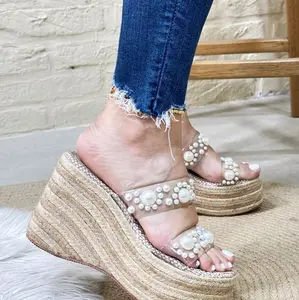 Valen Sandalia de Platform with Pearl Embellishment and Transparent Edge Espadrille Style Shoes