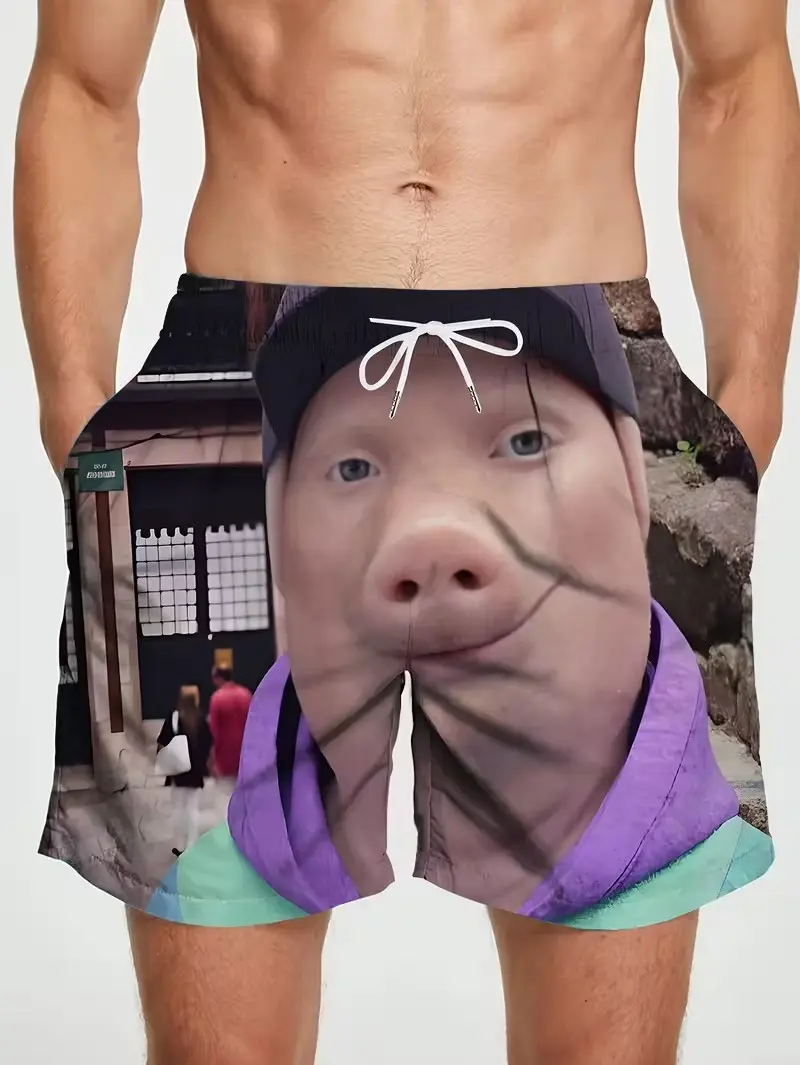 John Pork 100% Polyester Men's Quick-Dry Printed Beach Swim Trunks - Fashionable Style, Drawstring, Pockets for Sports, Outdoor Use, 100% Polyester Men's Beach Shorts, Quickdry, Woven, Drawstring Waist