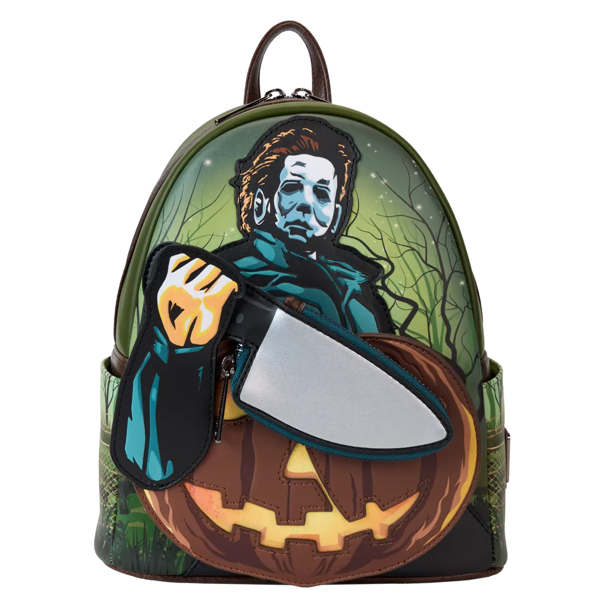 Horror Themed Mini Backpack for Women, Vegan Leather Bag with a Glow in the Dark Pumpkin and Removable Knife Coin Purse, Halloween
