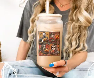 Halloween Horror Film Boys Of Fall Frosted Glass Tumbler 16 oz Halloween Drinkware Cup Iced Coffee Matcha Glass With Bamboo Lid Reusable Straw