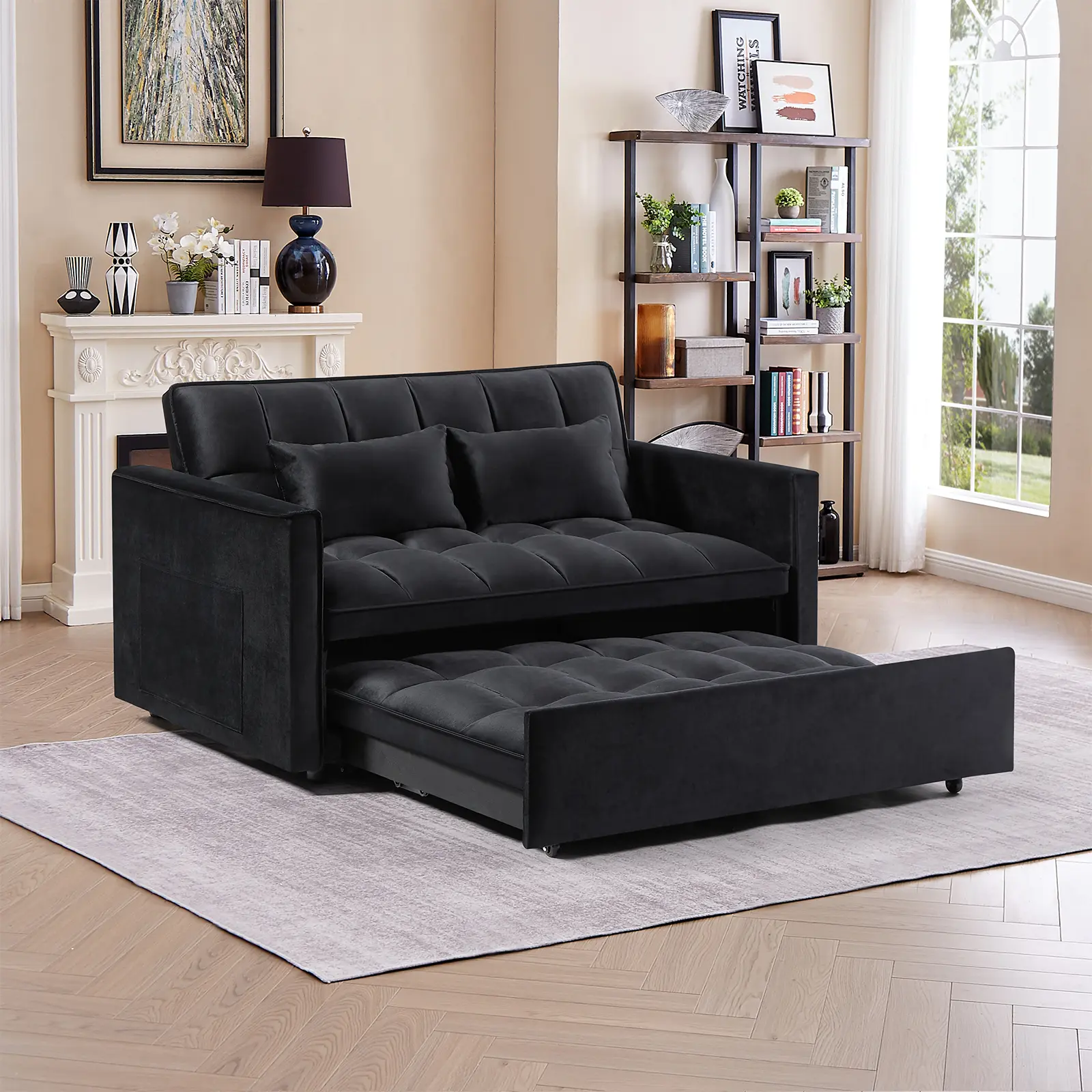 3-in-1 Convertible Sofas Bed - 2 Seats Modern Futon Couch, Foldable Sleeper Sofa with Side Pocket, Adjustable Backrest, Pull-Out Loveseat Daybed for Living Room Lazy Days