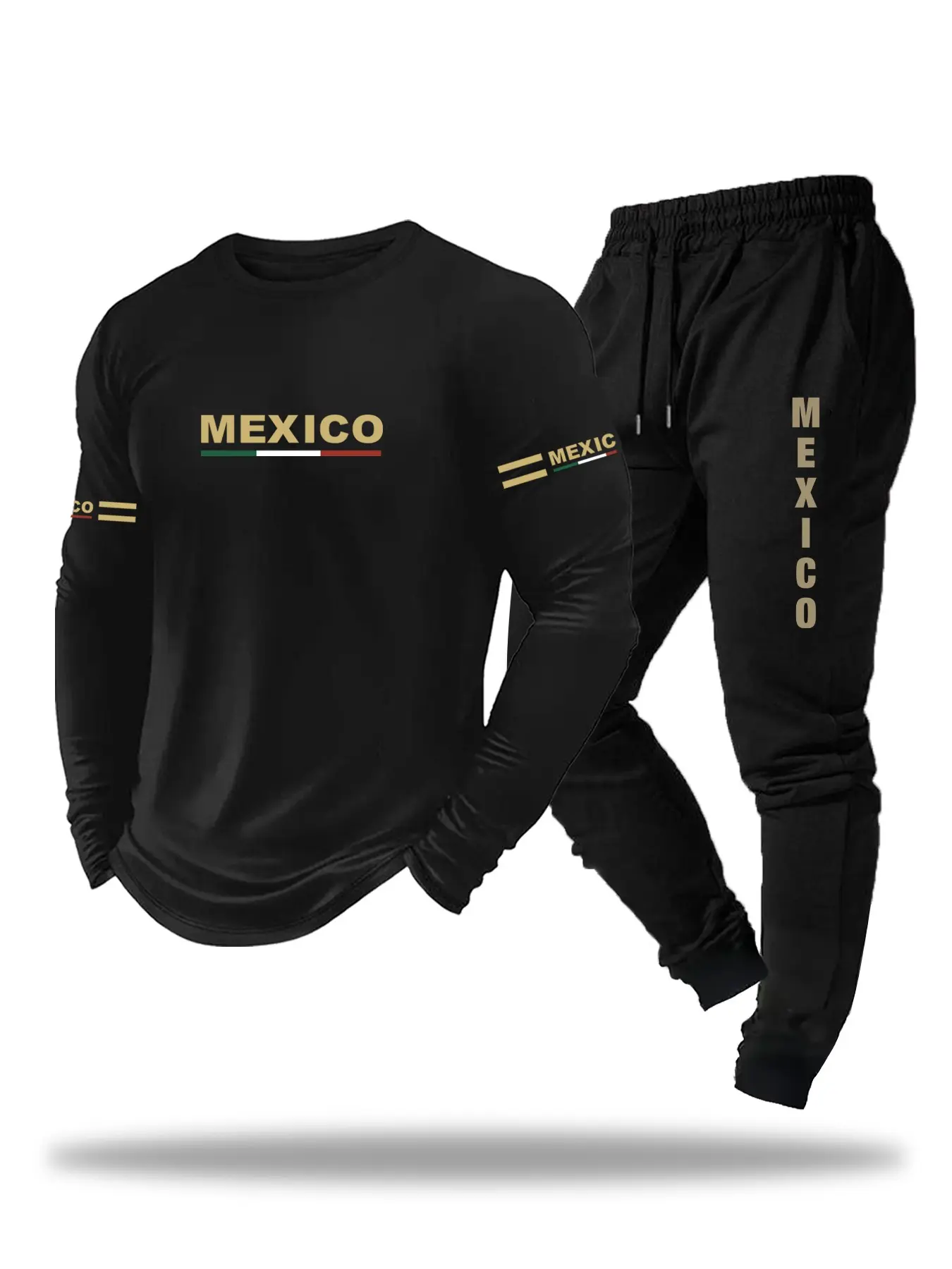 Men's Letter Print Long Sleeve Top and Drawstring Sweatpants Set, Mexico Letter Design, Casual Comfortable Daily Wear