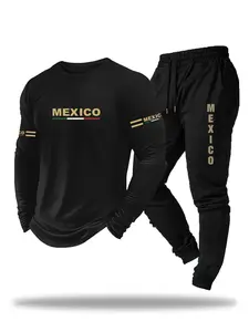 Men's Letter Print Long Sleeve Top and Drawstring Sweatpants Set, Eagle Design Mexico Letters, Casual Comfortable Daily Wear