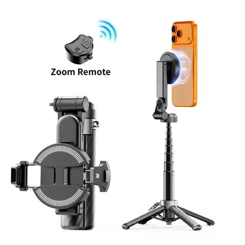 KOLOOBO 2026 New 4-in-1 Alloy Magnetic Mini Selfie Stick - Detachable, 360° Angle Control, Wireless Bluetooth, Telescopic Pocket Vlogging Accessory, Phone Stand, Overhead Tripod, Camera Mount, Foldable Gimbal Stabilizer, Add Mic & Light for Most Phones