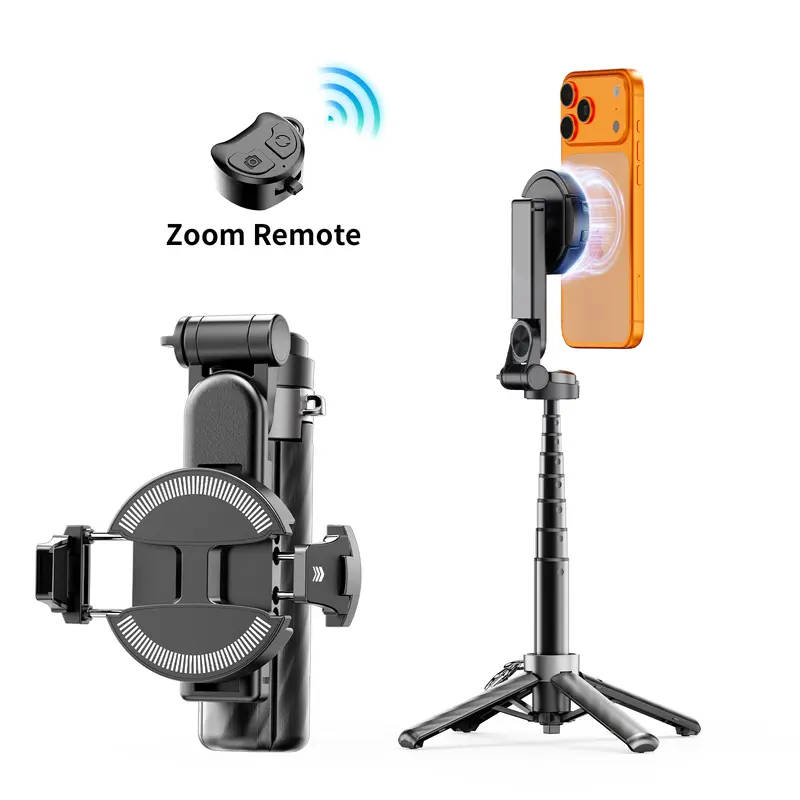 KOLOOBO 2026 New 4-in-1 Alloy Magnetic Mini Selfie Stick - Detachable, 360° Angle Control, Wireless Bluetooth, Telescopic Pocket Vlogging Accessory, Phone Stand, Overhead Tripod, Camera Mount, Foldable Gimbal Stabilizer, Add Mic & Light for Most Phones