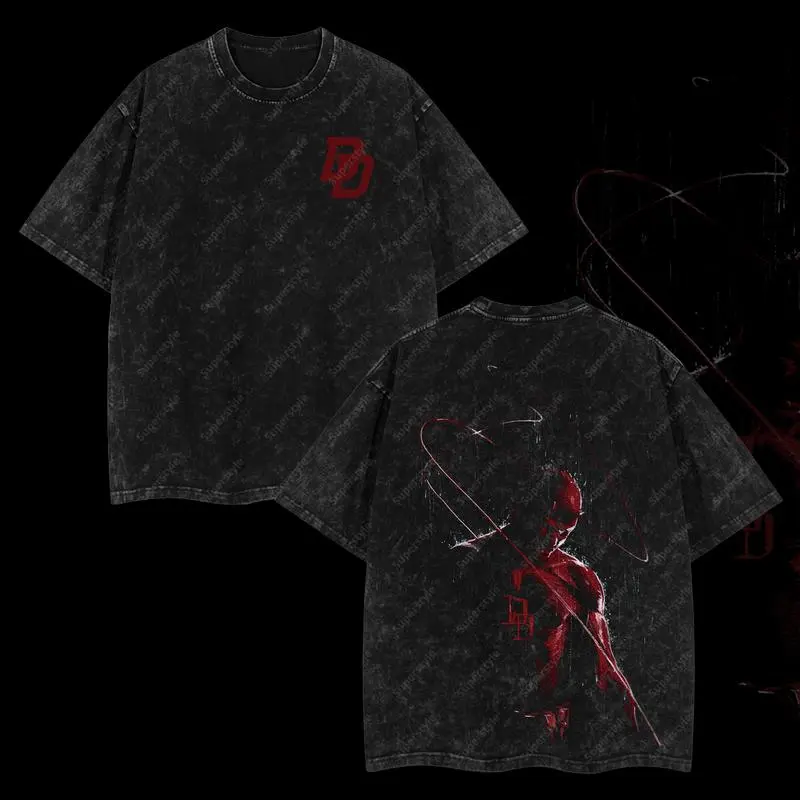 Superstyle Matt Murdock Daredevil Ver 02 MCU Comic Edition Double Sided Print Oversized Acid Washed Cotton Tee Lightweight Comic Superhero Graphic Top Streetwear Casual Urban Fashion Daily Wear Soft Breathable Tee For Men Women Ideal Gift For Comic Fans