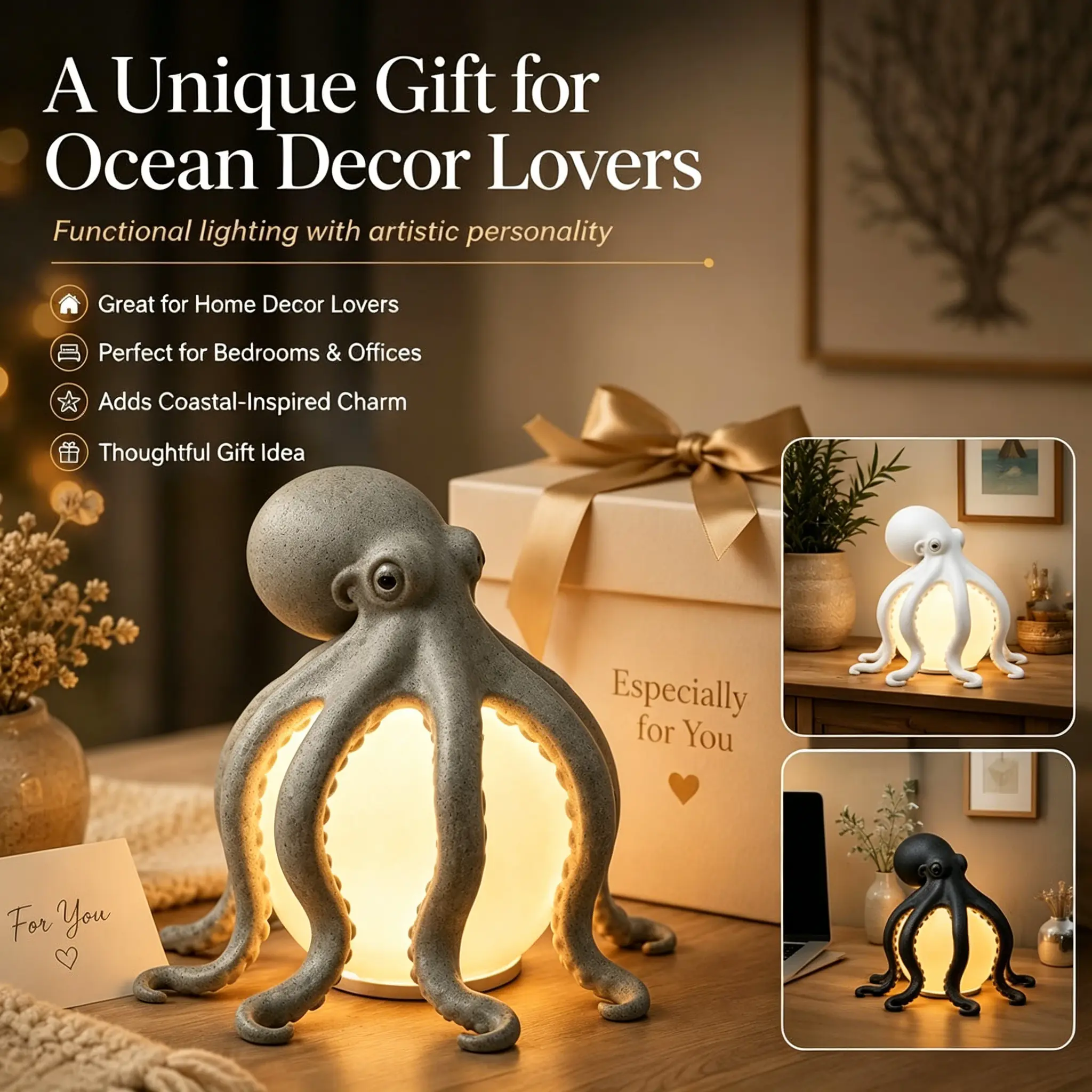 Vintage Nautical Octopus Resin LED Table Lamp - Ocean Creature Sculpture Night Light for Home Decor, Statue Figurine Home Supply
