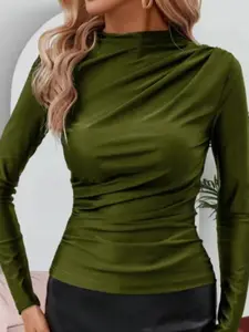 Women's Plain Ruched Mock Neck Tee, Elegant Fashion Casual Long Sleeve T-shirt for Daily Outdoor Wear, Women Clothing for Spring Fall, Lady