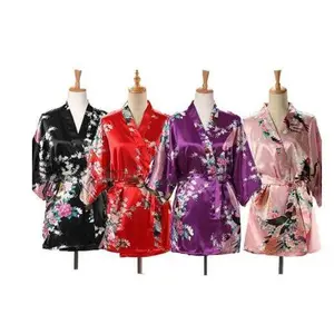 Lace Up Woman Peacock Print Japanese Kimono Yukata Silk Satin Short Style Sleepwear Home Nightgown Bath Robe Costume