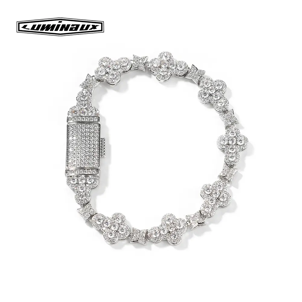 [LUMI71] D Color VVS Iced-Out 10mm Flower Design Zirconia Bracelet - High Quality Artificial Gemstone Hiphop Bracelets Jewelry, Unisex Adults' Daily Wear Accessory, Flower Design Bracelet