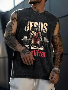 Men's Jesus Print Tank Top, Bodybuilding Fitness Tee, Regular Fit Casual Sleeveless Graphic Vest for Gym Workout Running, Men's Top for Summer, Menswear, Sleeveless Workout Tops