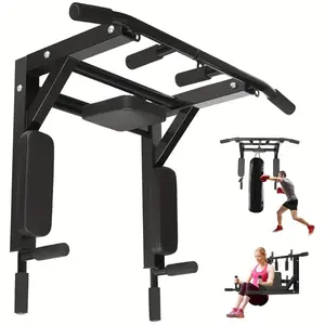 ROCKRAF 440Lbs Support Multifunctional Wall Mounted Pull Up Bar, Dip Station for Home Gym, Indoor Workout, Chin Up Bar