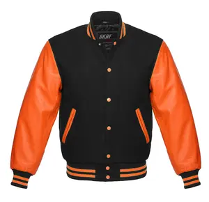 Letterman Varsity Jacket Wool & Real Leather Black/Orange Collar Cotton Menswear Bomber