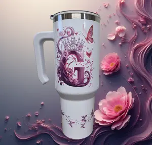 Personalized Tumbler 40 OZ - Magic Design with Initial & Crowns, Ergonomic Handle, Transparent Lid, High-Quality Sublimation, Perfect Gift for Girls, Teens, Moms, Teachers, and Design Lovers