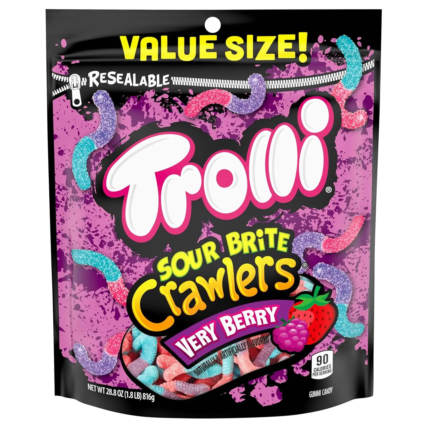 Trolli Sour Brite Crawlers Very Berry Candy, Sour Gummy Worms, 28.8 oz