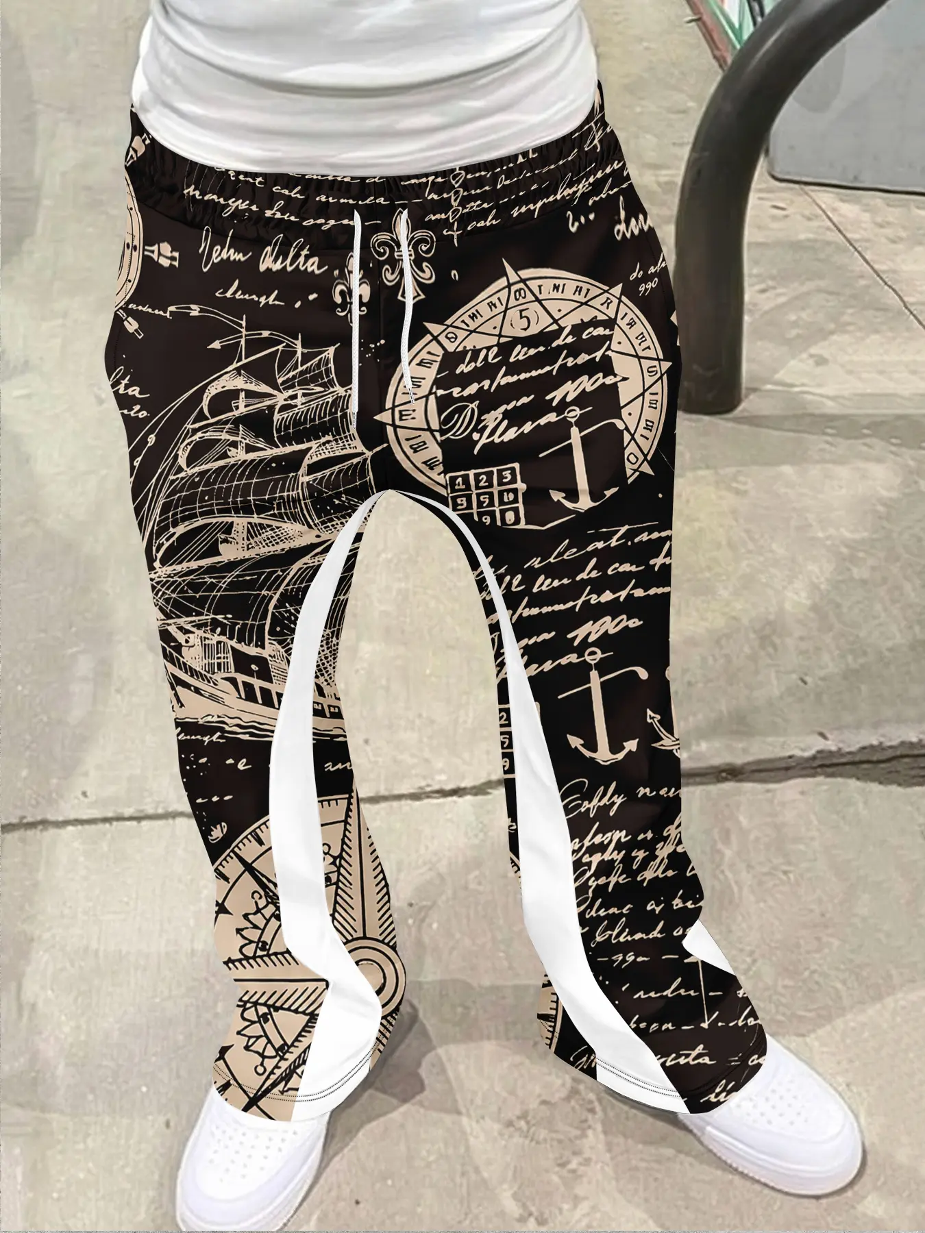 Men's Loose Fit 3D Geometric Nautical Print Flared Bell Bottoms, Casual Fashion Sporty Streetwear Pants, Hip Hop Vintage Long Pants for All Seasons