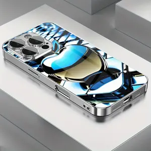 Tech Luxury Blue-Golden Gradient Metallic Texture Background Apple Print Pattern Electroplated TPU Phone Case, for iPhone 17 Air 16 15 Pro Max 14 Plus 13 12 11 And SanSung S25 Ultra S24 S23 Plus S22 S21FE  Anti-Drop Tempered Glass Protective Cover