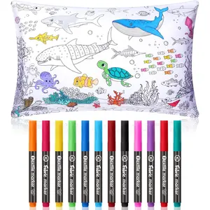 Coloring Craft Ocean Pillowcase with 12 Pcs Markers Pens for Decoration Craft Supplies, 28.7 x 19.7 Inch