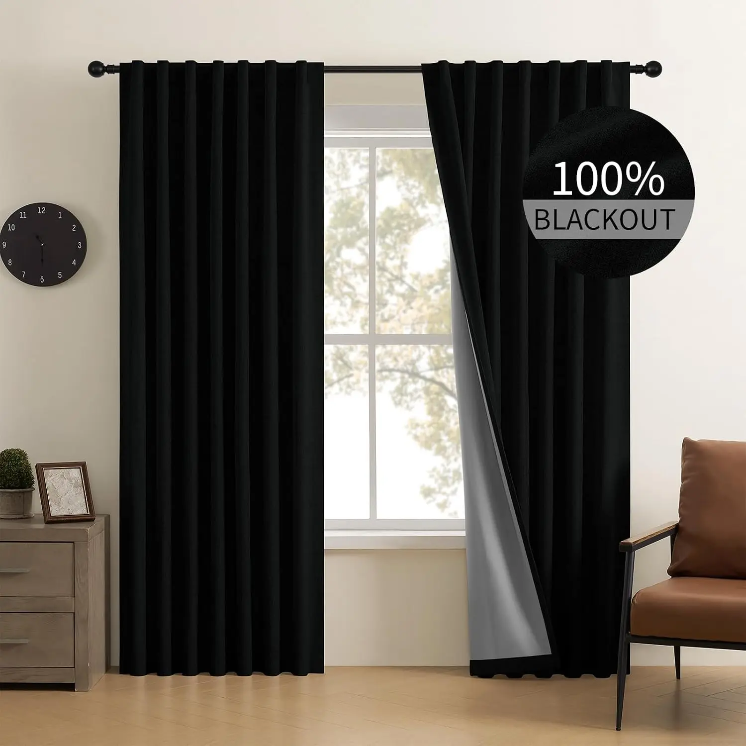 100% Blackout Curtains 72 Inch Length 2 Panels Set, Back Tab and Rod for Living Room Bedroom, Room Darkening Window Drapes Thermal, (52x72 inch, Black)