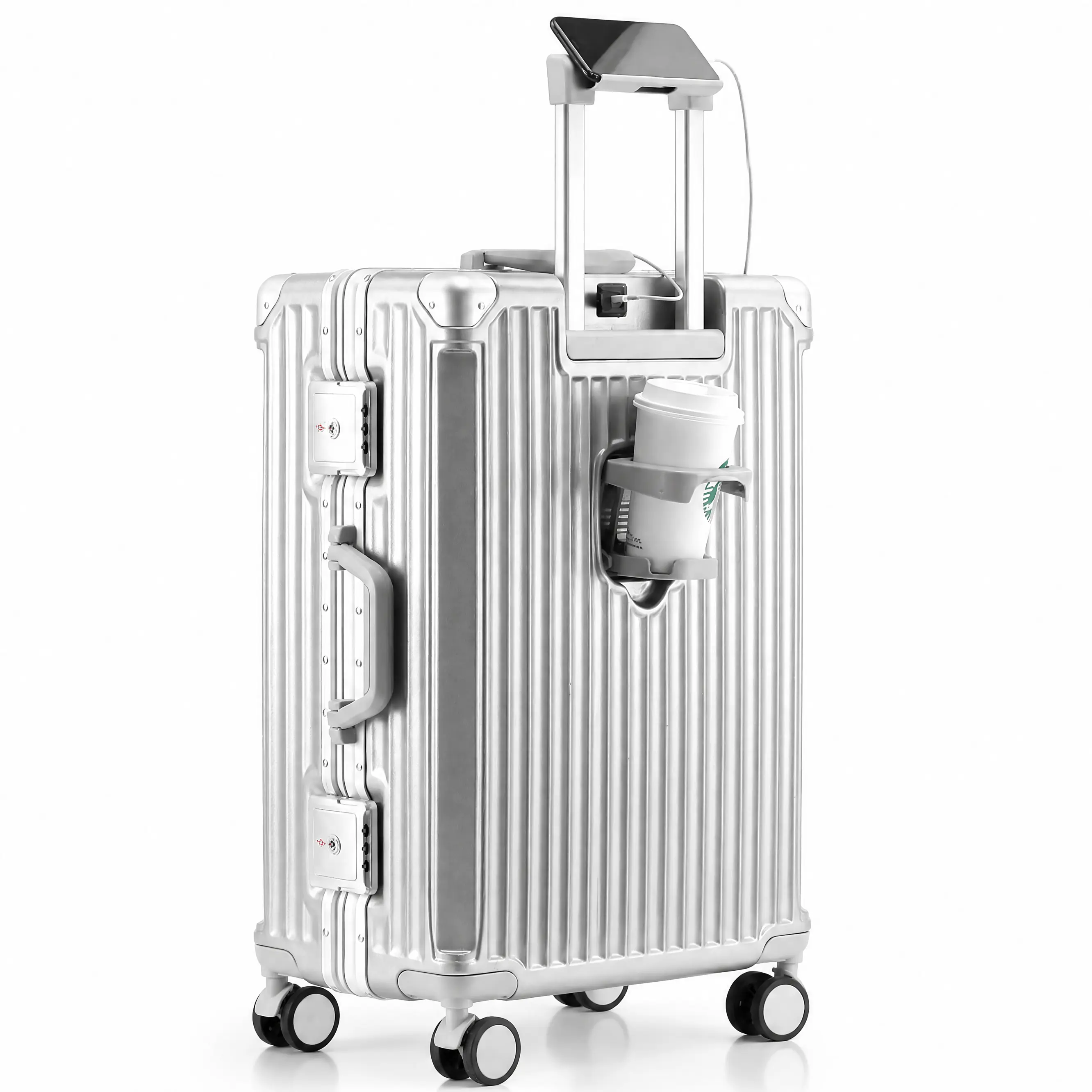 Multifunctional travel Carry On Luggage with Aluminum Frame, PC Hard ShellSuitcase with Cup Holder and USB Port, Zipperless Luggage for Business Travel
