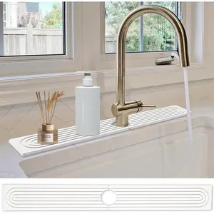 Stone Faucet Mat for Kitchen Sink- 23.6''x 3.9''Diatomite -Drying Faucet Mat, Super Water Absorbing Stone Tray for Sink,Faucet Splash Guard for Bathroom Counter (White)