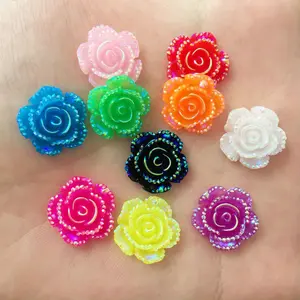 30Pcs 14mm AB Resin Glitter Rose Flat back Flower Stone Beads Scrapbook Wedding Applique DIY Jewelry Bow Ornaments Accessories Crafts