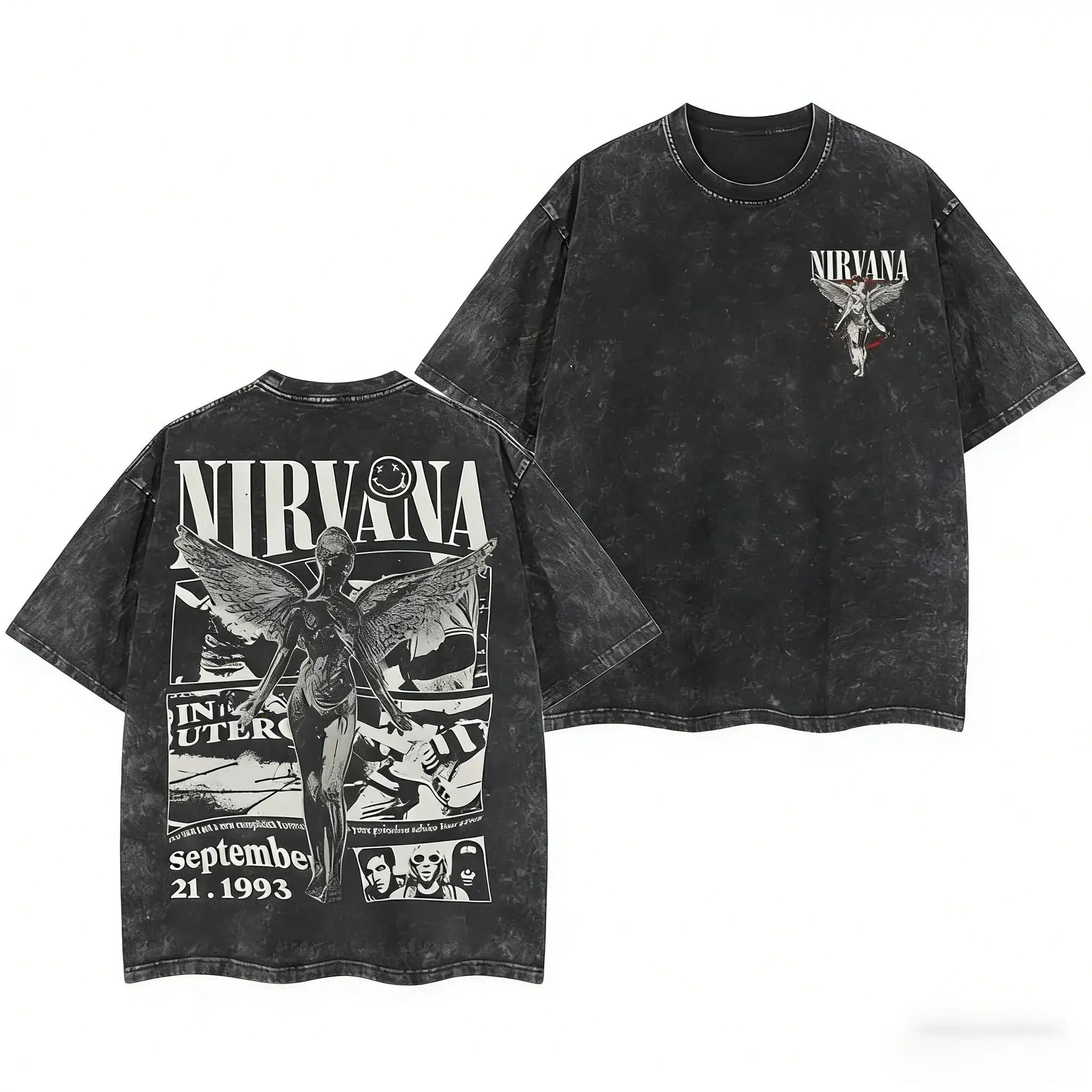 Men's Oversize Retro Limited Nirvana Band Tour 2-Sided Washed Heavyweight Cotton Graphic Tees, Unisex Vintage Rock Band T Shirt, Classic Streetwear Top Gift for Rock Music Lovers