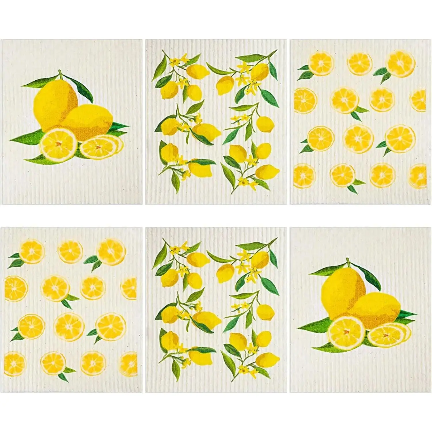 6-Pack Lemon Pattern Soft Cotton Swedish Kitchen Dishcloths, Absorbent Long-Lasting Odor-Free Reusable Towels for Cleaning and Scrubbing Dishes, Dishwasher Safe Multifunctional Counter & Hand Wipes