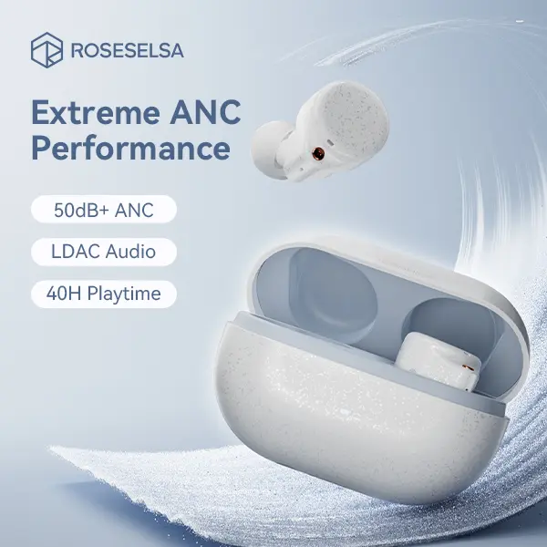 ROSESELSA CERAMICS Ultra Wireless Headphones Earbuds, 50dB ANC Active Noise Isolation In-Ear Buds, HiFi Sound with LDAC & LHDC 5.0, 40H Playtime, Low Latency Bluetooth Earbuds for Games