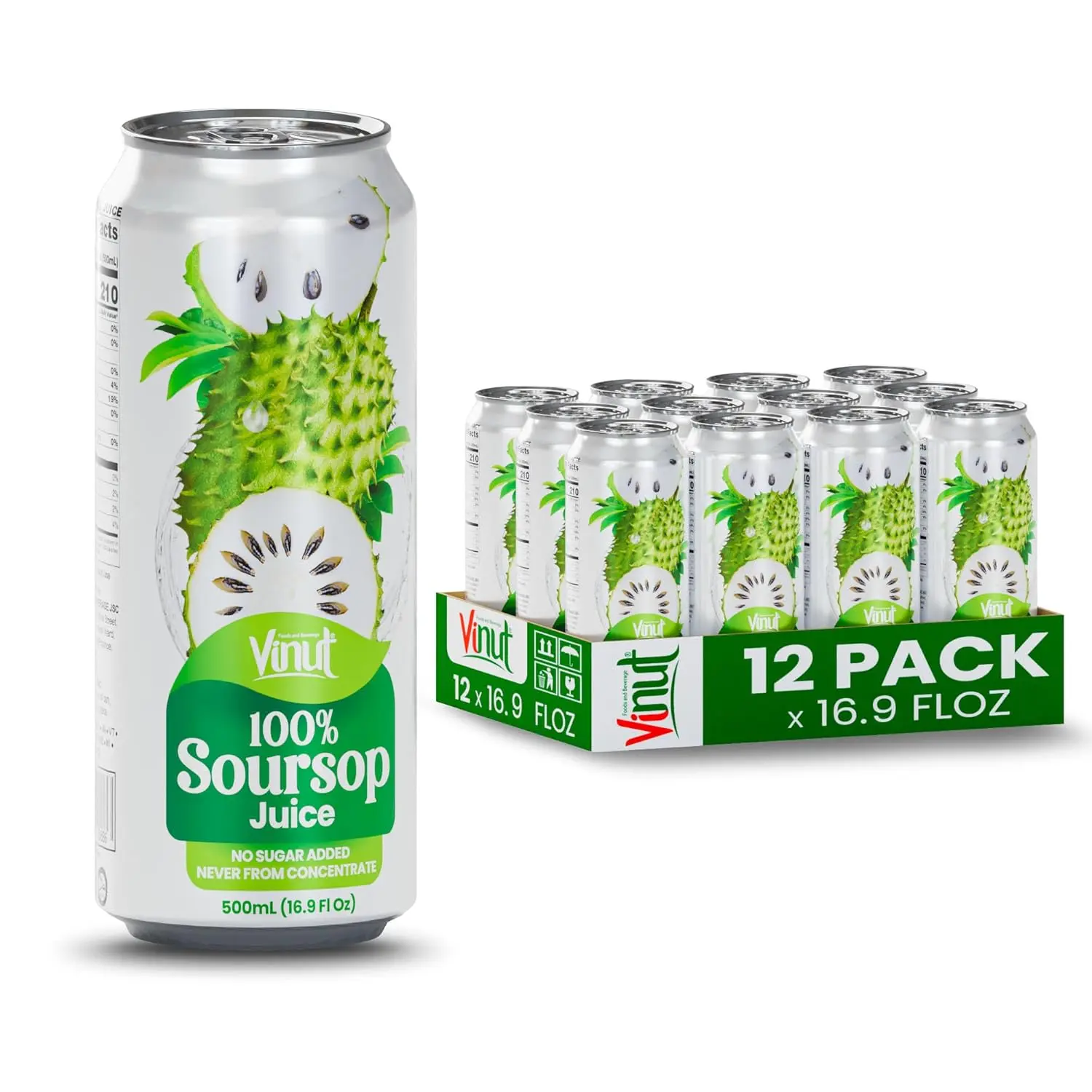 Vinut 100% Soursop Juice 12 Pack & 24 Pack No Added Sugar Tropical Beverage 16.9 Fl Oz Pure Clean Premium Quality