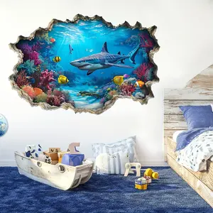 Ocean World Bathroom Wall Sticker with Shark Tropical Fish Coral Elements, Marine Elements, Immersive Underwater Scene Decorative Decal, 3D Wall Art for Bathrooms, Unique Decoration
